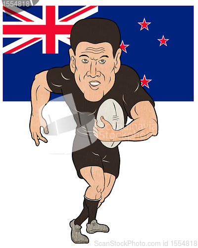 Image of Rugby player running ball New Zealand flag