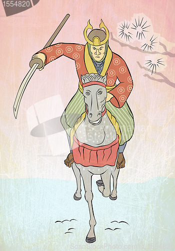Image of Samurai warrior riding horse attacking