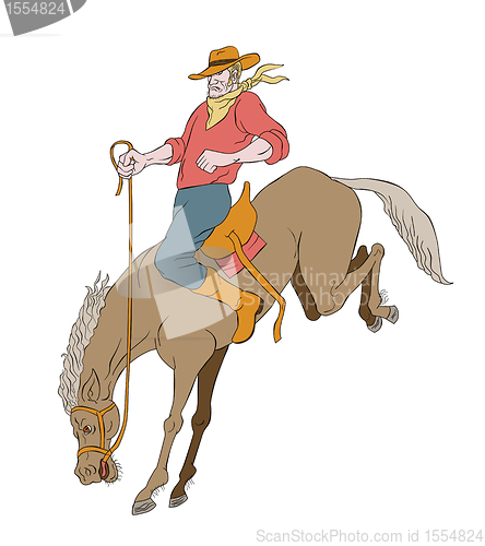 Image of rodeo cowboy riding bucking horse bronco