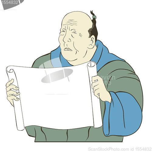 Image of Asian Japanese old man holding a blank paper scroll