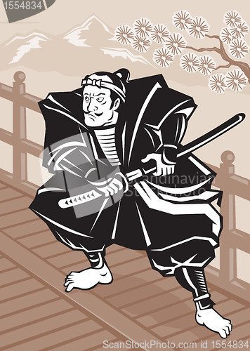 Image of Japanese Samurai warrior sword on bridge