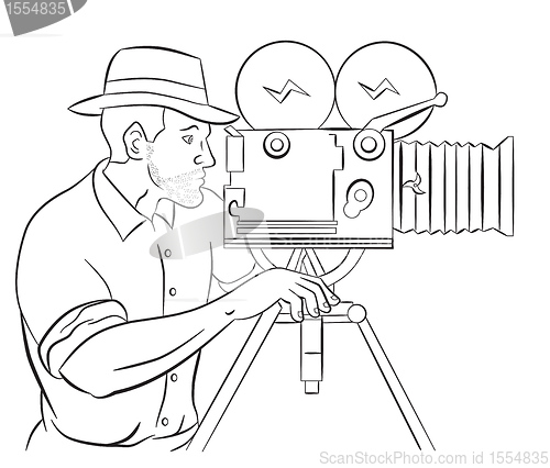 Image of Cameraman vintage movie film camera shooting 
