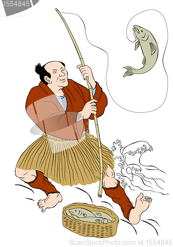 Image of Japanese fisherman fishing catching trout fish