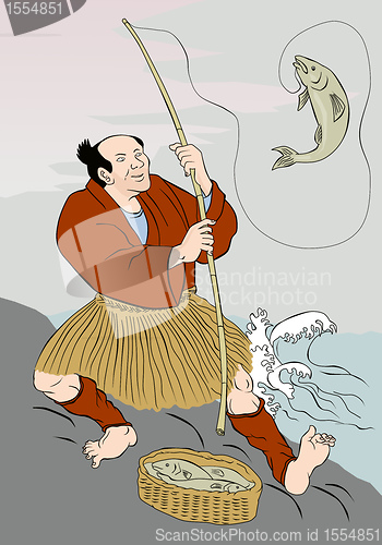 Image of Japanese fisherman fishing catching trout fish