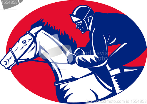 Image of horse and jockey racing side view