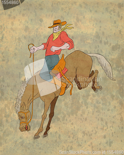 Image of rodeo cowboy riding bucking horse bronco