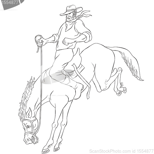 Image of rodeo cowboy riding bucking horse bronco