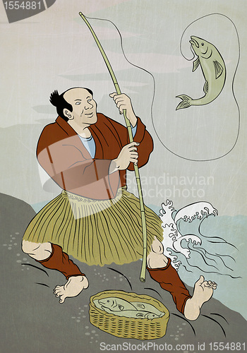 Image of Japanese fisherman fishing catching trout fish