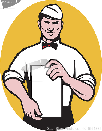 Image of Waiter holding a blank menu paper