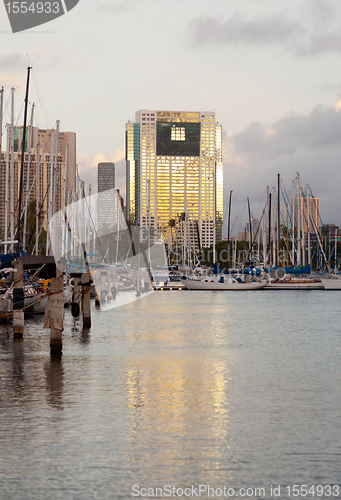 Image of Downtown Honolulu at dawn Ala Wai harbor