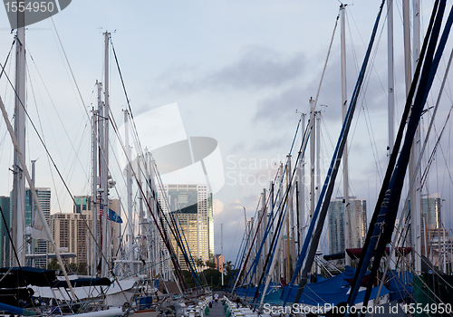 Image of Downtown Honolulu at dawn Ala Wai harbor