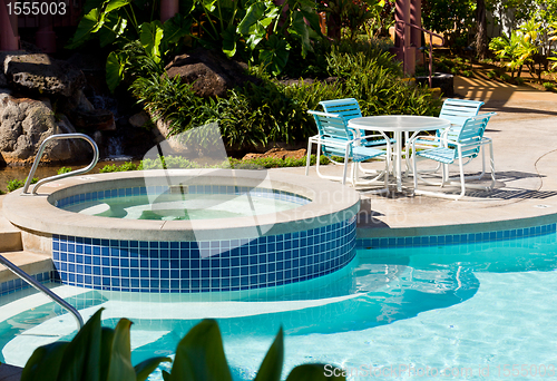 Image of Pool and hot tub with table