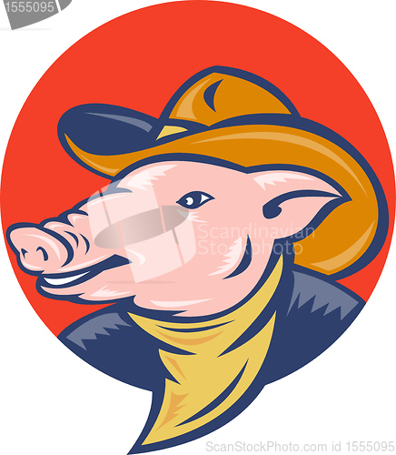 Image of pig with cowboy hat and bandana set inside a circle done in retro style.