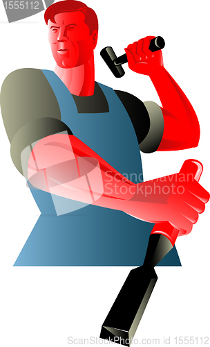 Image of carpenter tradesman worker with chisel and hammer