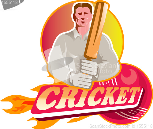 Image of cricket player batsman with ball and bat front view