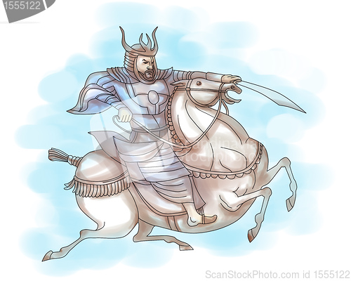 Image of Samurai warrior with sword riding horse