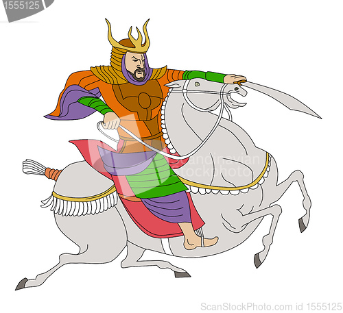 Image of Samurai warrior with sword riding horse