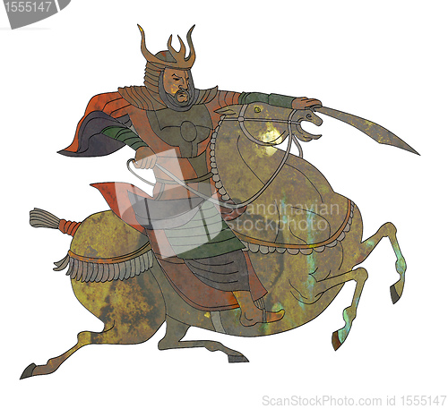 Image of Samurai warrior with sword riding horse