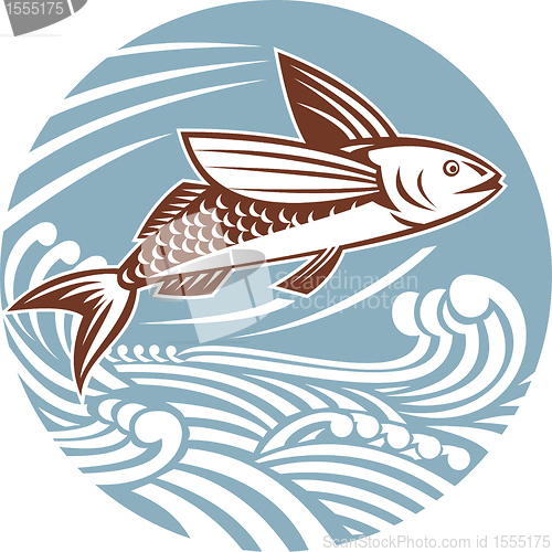 Image of flying fish with waves retro style