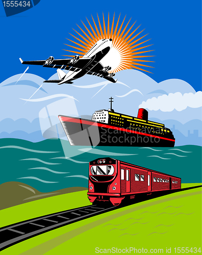 Image of airplane boat and train