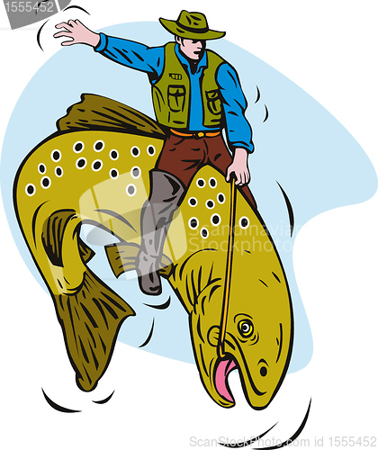 Image of trout fish jumping fisherman riding