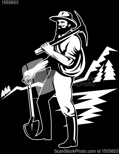 Image of miner with with pick axe and shovel