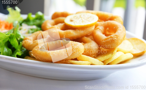 Image of Deep batter fried squid rings calamari with green salad 