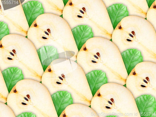 Image of Background of pear slices and green leaf