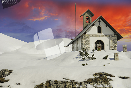 Image of Sky Colors over a Small Church on Dolomites