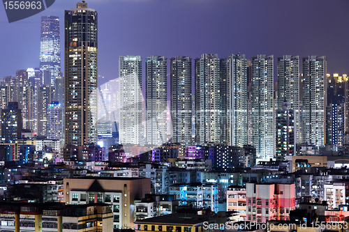 Image of crowded building at night in Hong Kong