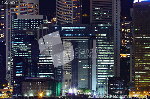 Image of Details of business buildings at night in Hong Kong