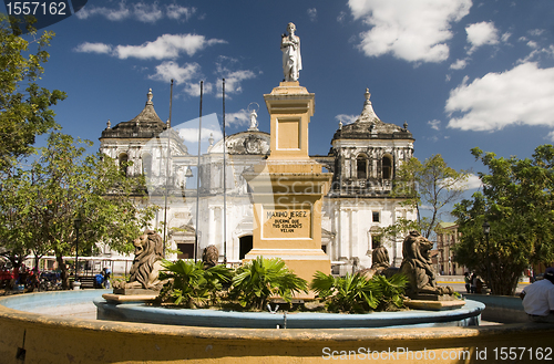 Image of fountain Ruben Dario Park Cathedral of Leon Nicaragua
