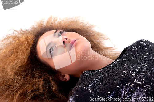 Image of Beautiful woman lying, isolated on white background