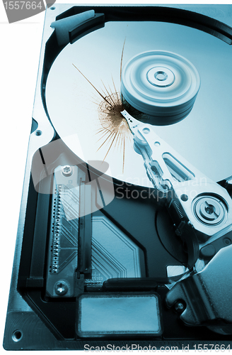 Image of broken hard disk on white background