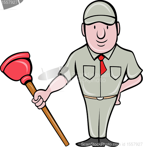 Image of plumber with plunger standing front  done in cartoon style on isolated background