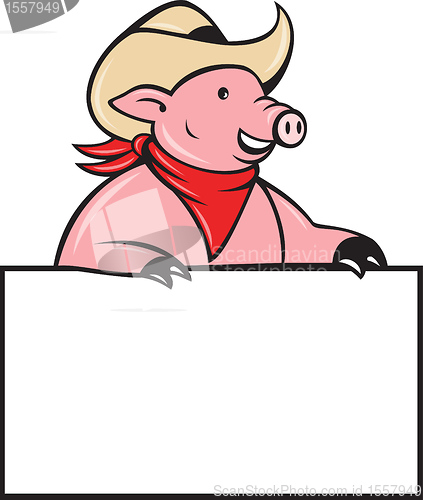 Image of Cowboy pig hog holding blank sign