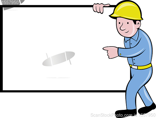 Image of cartoon construction worker with white board pointing