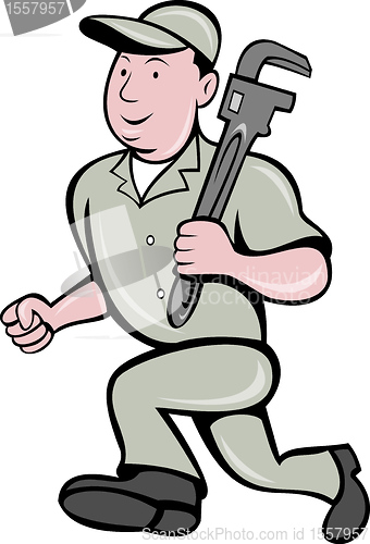 Image of plumber with monkey wrench running side