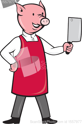 Image of pig butcher holding meat cleaver knife