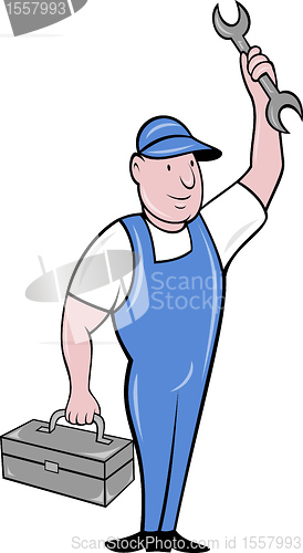 Image of mechanic with spanner wrench and toolbox standing