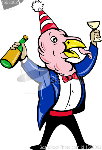 Image of cartoon turkey in tie and suit holding wine bottle
