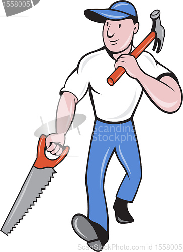 Image of carpenter tradesman worker with hammer and saw