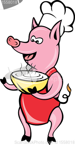 Image of Cartoon Happy Pig chef cook baker serving soup bowl