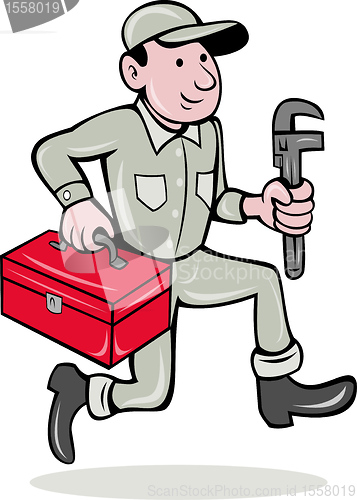 Image of plumber with monkey wrench and toolbox walking
