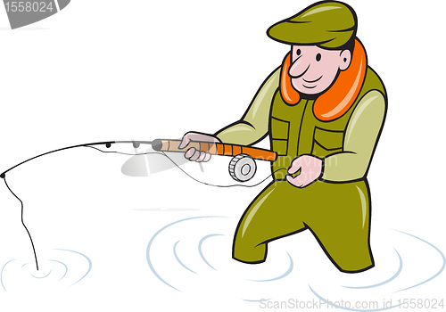 Image of Fly Fisherman With Fishing Rod Fishing