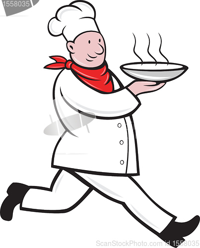 Image of chef cook running serving hot soup bowl