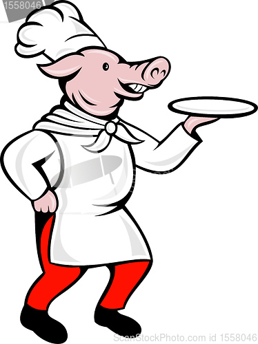 Image of cartoon pig chef cook or baker serving platter