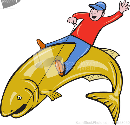 Image of Fisherman Riding Jumping Trout Fish