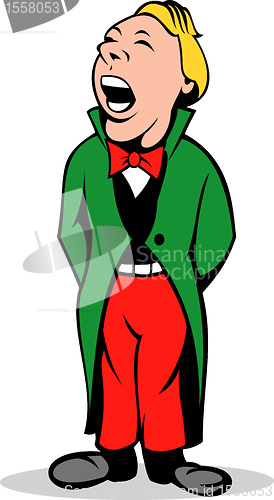 Image of Christmas caroler singing in red green suit