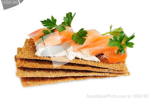 Image of Snack. Bread with feta cheese and salmon.